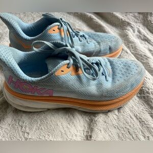 Hoka Athletic Shoes in Light Blue and Orange